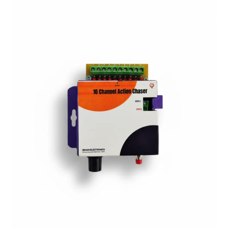 Front view of the Bikash Electronics 10 Channel Action Chaser light controller. The unit features a speed adjustment knob, pattern selection button, and screw terminals for 10 outputs and 12V DC power.