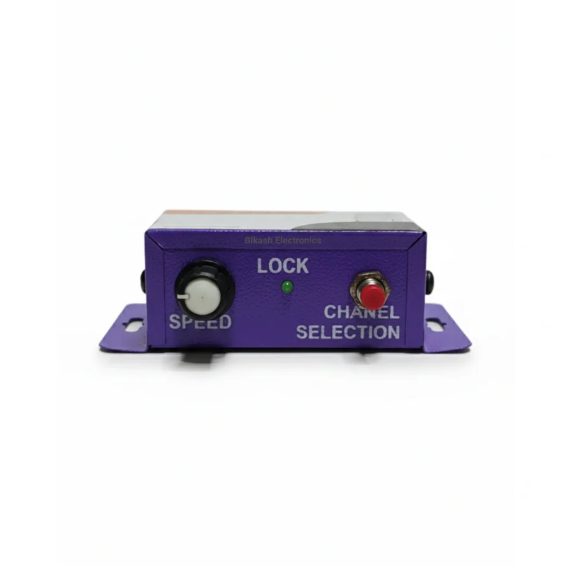 Front view of the Bikash Electronics 10 Channel Action Chaser light controller. The unit features a speed adjustment knob, pattern selection button, and screw terminals for 10 outputs and 12V DC power.